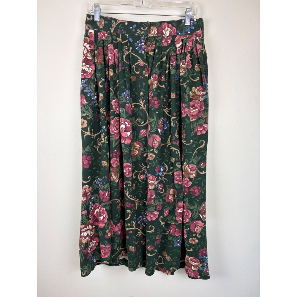 Vintage 90s Heavy Pleated Button Maxi Skirt Medium Green‎ Pink Floral Tapestry